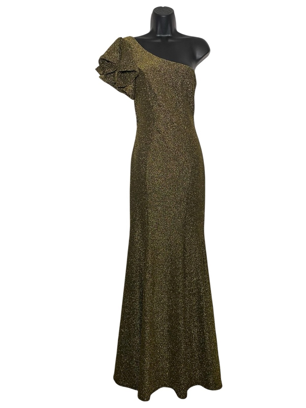 Glamazon Gold Metallic Glitter One Sleeve Ruffle Maxi Dress Size Small